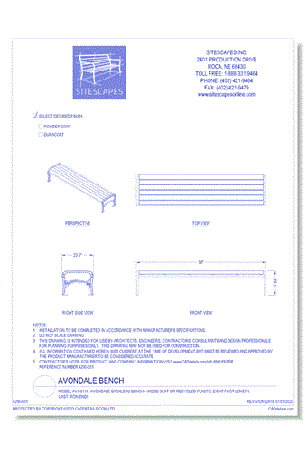 Model AV1-2110: Avondale Backless Bench - Wood Slat or Recycled Plastic, Eight Foot Length, Cast Iron Ends