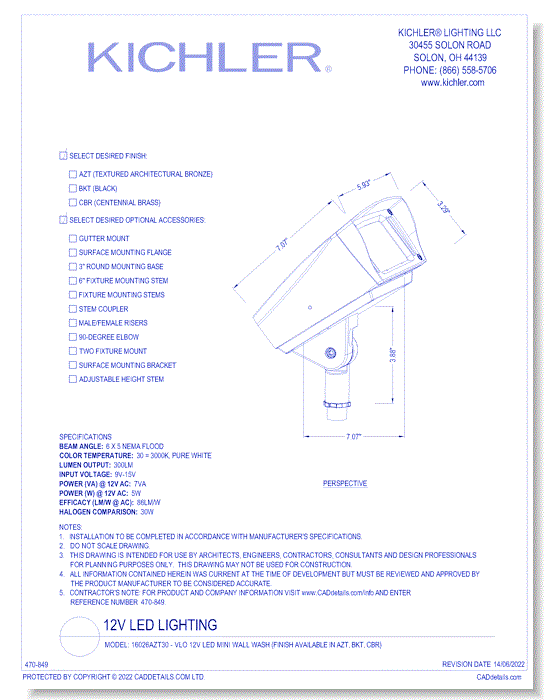 Model:  16026AZT30 - VLO 12V LED Mini Wall Wash (Finish Available in AZT, BKT, CBR)