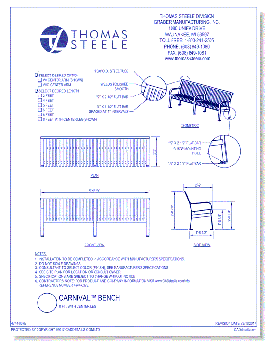 Carnival™ Bench: 8 Ft. with Center Leg