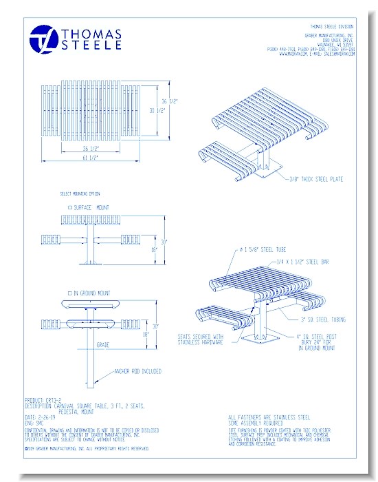 Carnival™ Square Table: 3 Ft. Square, 2 Seats, Pedestal Mount