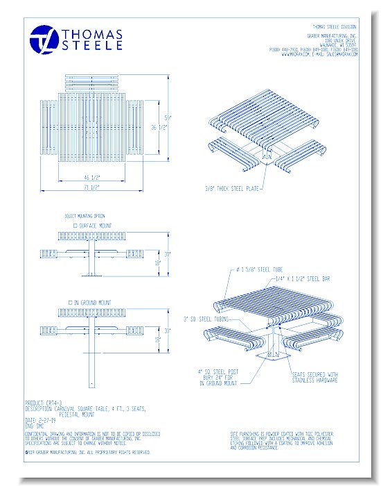 Carnival™ Square Table: 3 Ft. Square, 3 Seats, Pedestal Mount