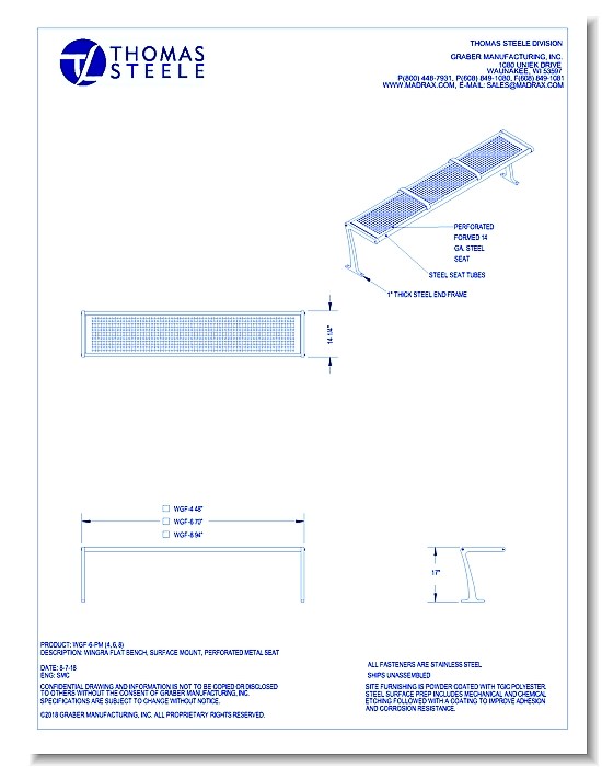 Wingra Flat Bench: Surface Mount, Perforated Metal Seat (4, 6, 8 Ft. Lengths)