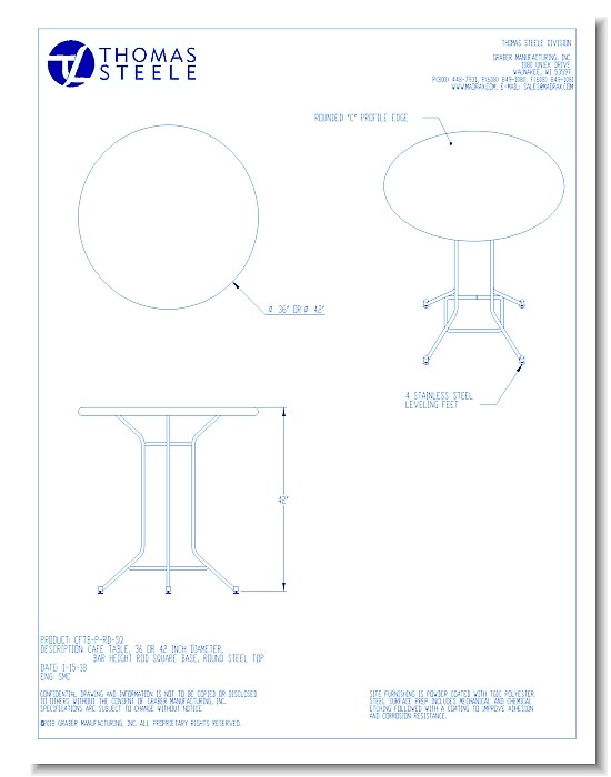 Café Table, 36 Or 42 Inch Diameter, Bar Height, Rod Square Base, Round Steel Top