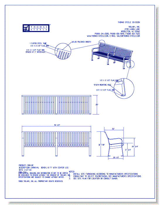 Carnival™ Bench: 8 Ft. with Center Leg