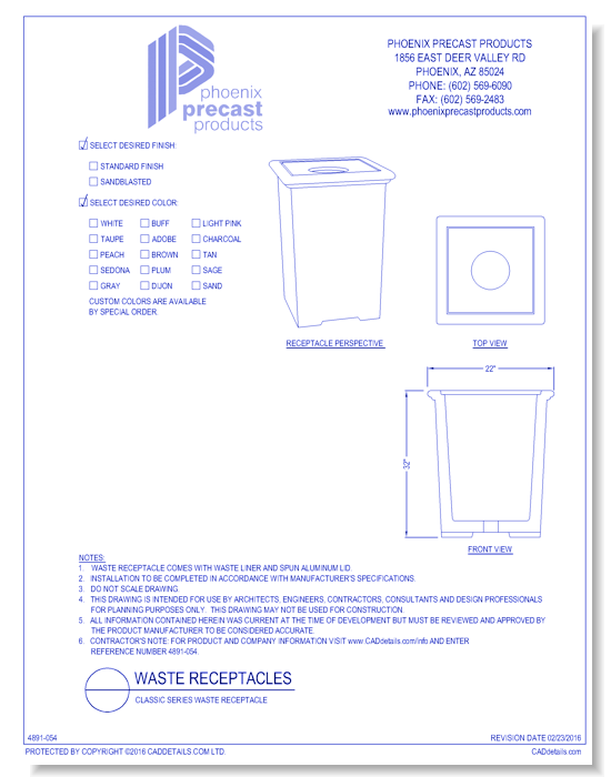 Classic Series Waste Receptacle - CADdetails