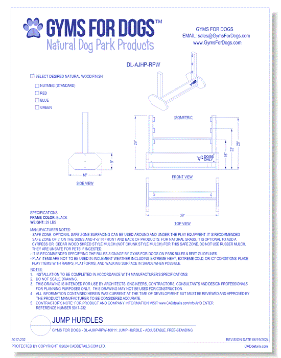 Gyms For Dogs - DL-AJHP-RPW: Jump Hurdle - Adjustable, Free-Standing