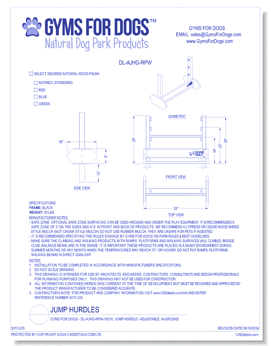 Gyms For Dogs - DL-AJHG-RPW: Jump Hurdle - Adjustable, In-Ground