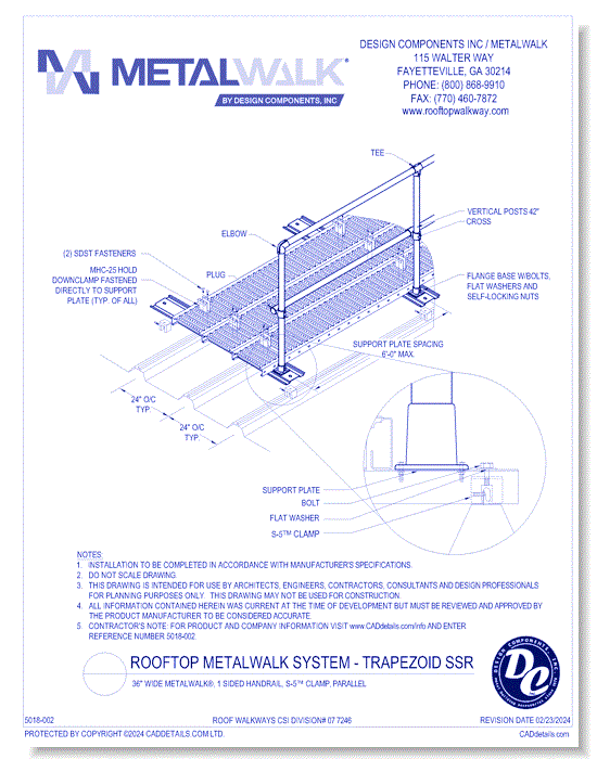 36" Wide Metalwalk®, 1 Sided Handrail, S-5™ Clamp, Parallel