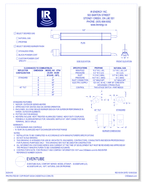 evenTUBE Dual Comfort Series: Model ET04N/P -  30,000btu/hr (Lo), 40,000btu/hr (Hi), 10ft, Natural Gas or Propane