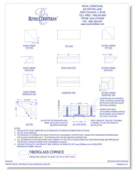 Fiberglass Cornice: CR 282x8, 2'-6" H x 3'-3 3/8" P x 8'-0" L