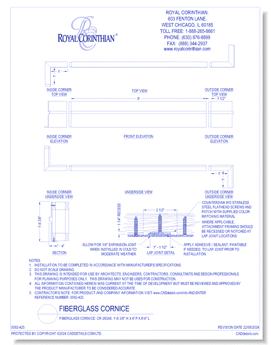 Fiberglass Cornice: CR 283x8, 1'-6 3/8" H x 4" P x 8'-0" L