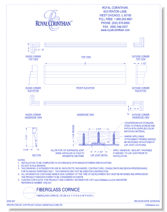 Fiberglass Cornice: CR 285x8, 1'-11" H x 5-1/4" P x 8'-0" L