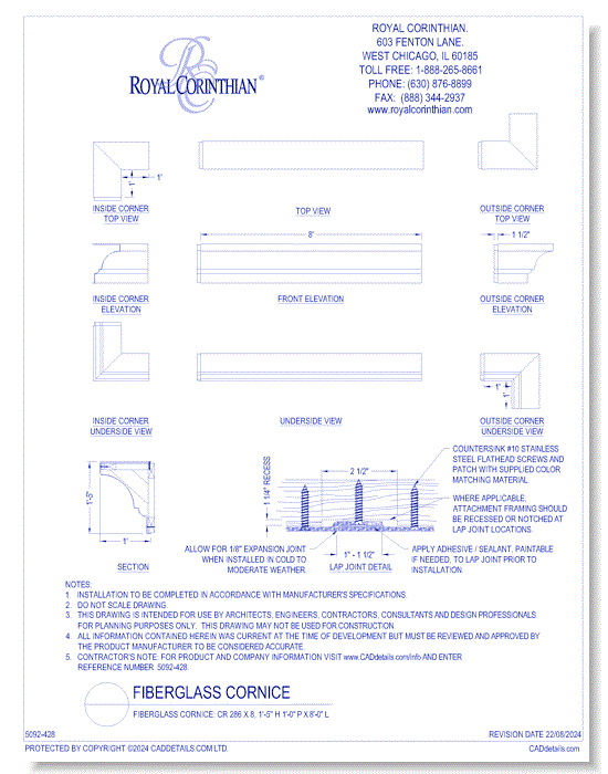 Fiberglass Cornice: CR 286x8, 1'-5" H x 1'-0" P x 8'-0" L