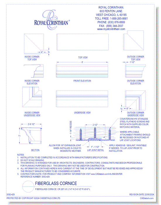 Fiberglass Cornice: CR 287x8, 2'-0" H x 2'-6-1/2" P x 8'-0" L