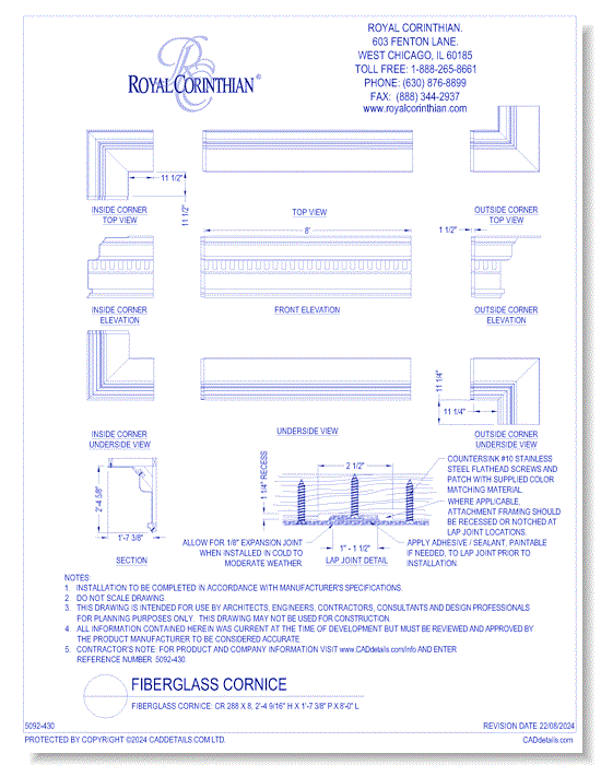 Fiberglass Cornice: CR 288x8, 2'-4 9/16" H x 1'-7-3/8" P x 8'-0" L