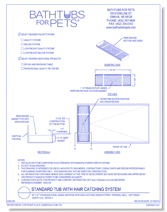 Standard Tub with Hair Catching System: 60" x 27" Stainless Steel Animal Bathtub with Hair Catching Drain System / Internal Well - Left Drain (Z60HTY-LH) - Detail 2