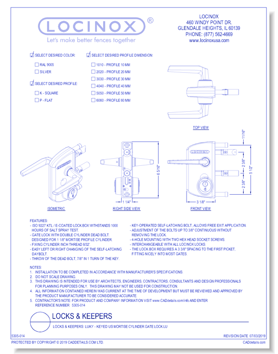 Locks & Keepers: LUKY - Keyed US Mortise Cylinder Gate Lock - CADdetails