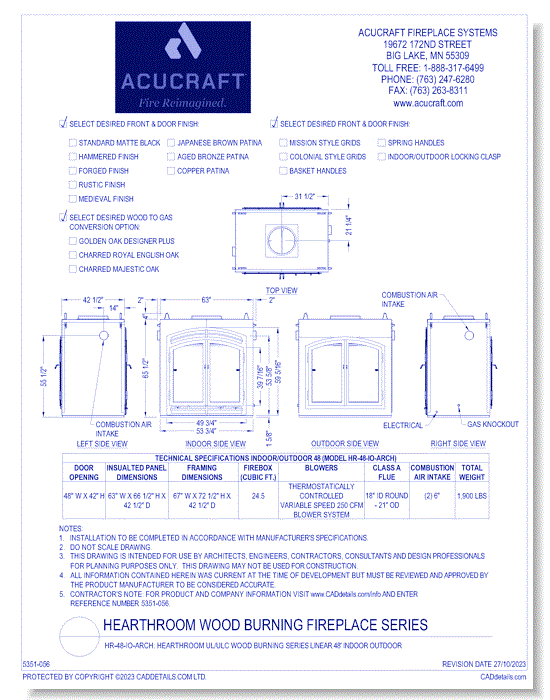 HR-48-IO-ARCH: Hearthroom UL/ULC Wood Burning Series Linear 48' Indoor Outdoor