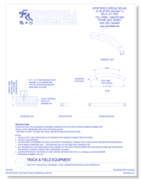 Shot Put: College IAAF Toe Board - Recessed Concrete Pad Installation (SPTBCARCOL)