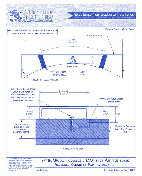 Shot Put: College IAAF Toe Board - Recessed Concrete Pad Installation (SPTBCARCOL)