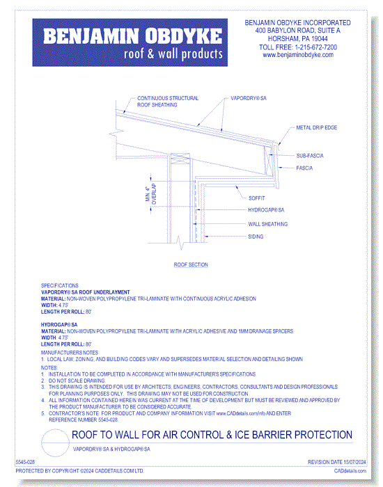 Roof To Wall For Air Control & Ice Barrier Protection: VaporDry® SA & HydroGap® SA