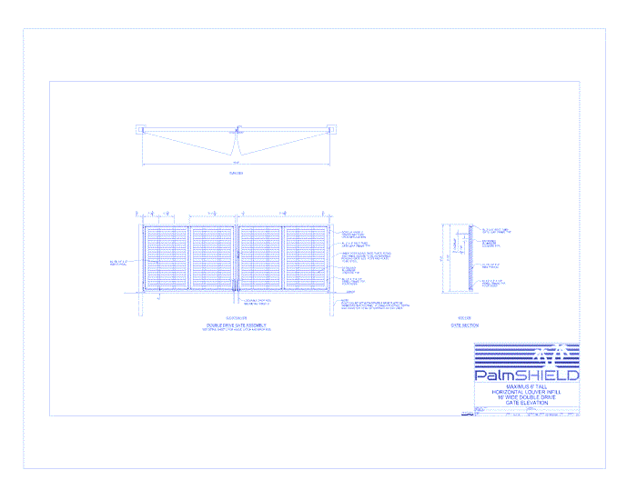 Maximus Horizontal Louver Swing Gates: 6' Tall Horizontal Louver Infill 16' Wide Double Drive Gate Elevation