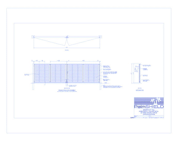 Maximus Horizontal Louver Swing Gates: 6' Tall Horizontal Louver Infill 20' Wide Double Drive Gate Elevation