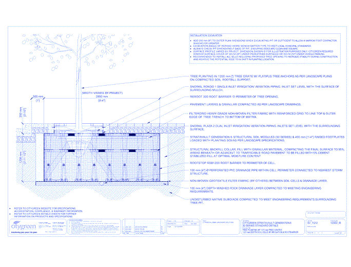 Stratavault™ Tree Planting w/ Standard 1200 mm Tree Grates - 1200 mm Depth Soil Cells w/ Irrigation and Root Barrier (Snorkil)