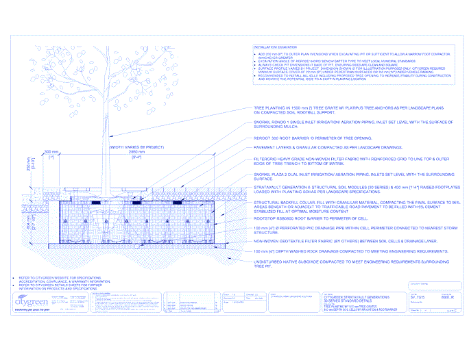 Stratavault™ Tree Planting w/ Standard 1500 mm Tree Grates - 800 mm Depth Soil Cells w/ Irrigation and Root Barrier  (Snorkil)