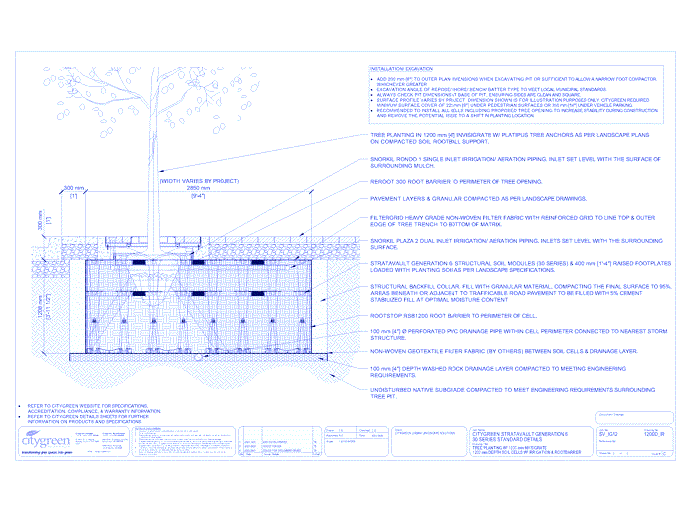 Stratavault™ Tree Planting w/ Invisigrate™ 1200 mm Tree Grates - 1200 mm Depth Soil Cells w/ Irrigation and Root Barrier (Snorkil)