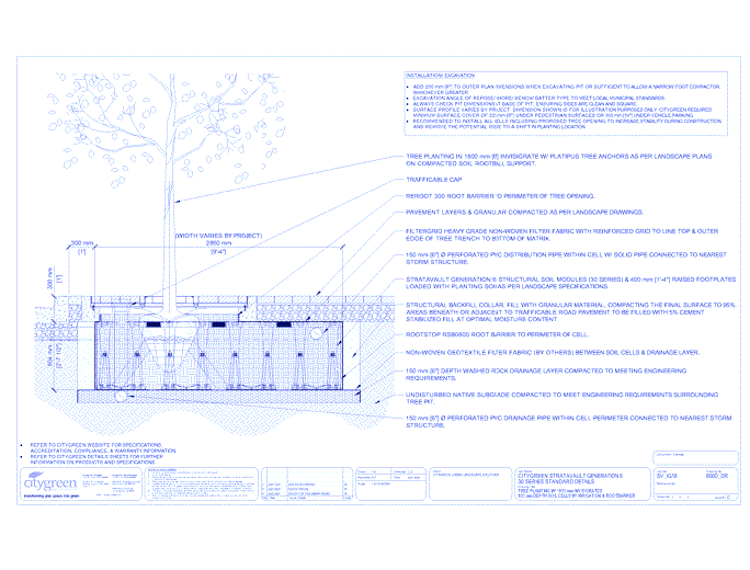 Stratavault™ Tree Planting w/ Invisigrate™ 1800 mm Tree Grates - 800 mm Depth Soil Cells w/ Irrigation and Root Barrier (Distribution)