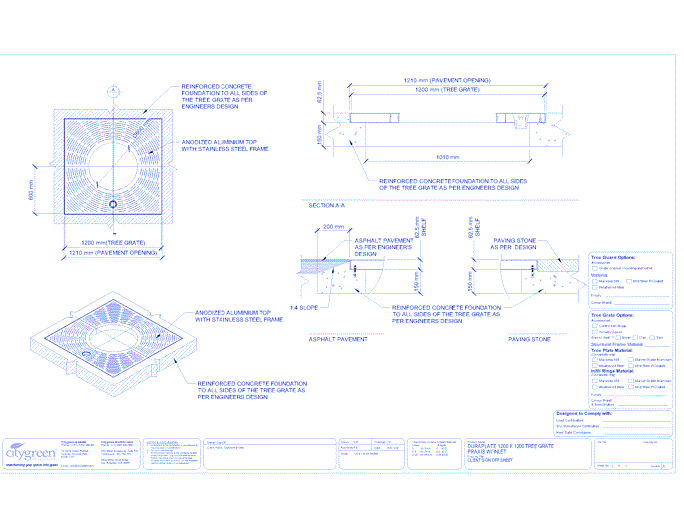 DuraPlate™ 1200 mm x 1200 mm Tree Grate Praxis w/ Inlet