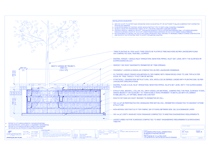 Stratacell™ Tree Planting w/ Standard 1500 mm Tree Grates - 1000 mm Depth Soil Cells w/ Irrigation and Root Barrier  (Snorkil)