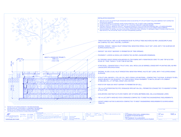 Stratacell™ Tree Planting w/ Invisigrate™ 1800 mm Tree Grates - 1000 mm Depth Soil Cells w/ Irrigation and Root Barrier  (Snorkil)