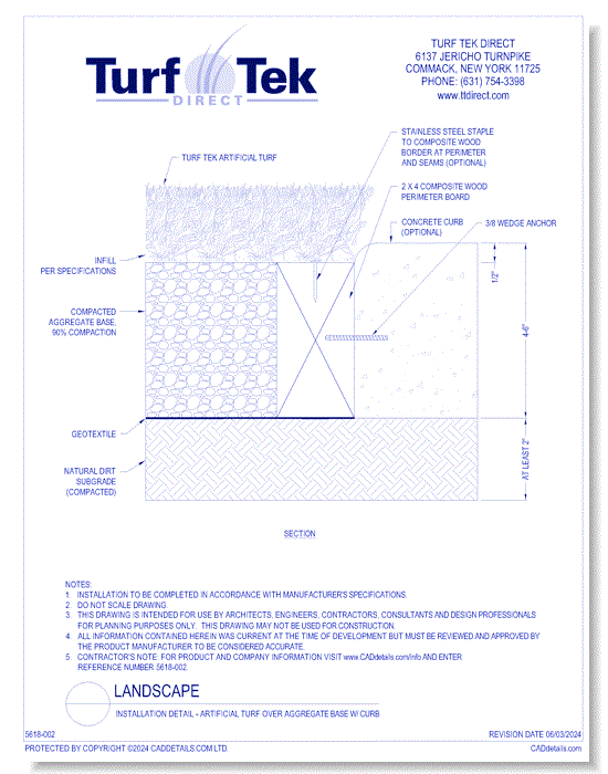 Installation Detail - Artificial Turf Over Aggregate Base W/ Curb