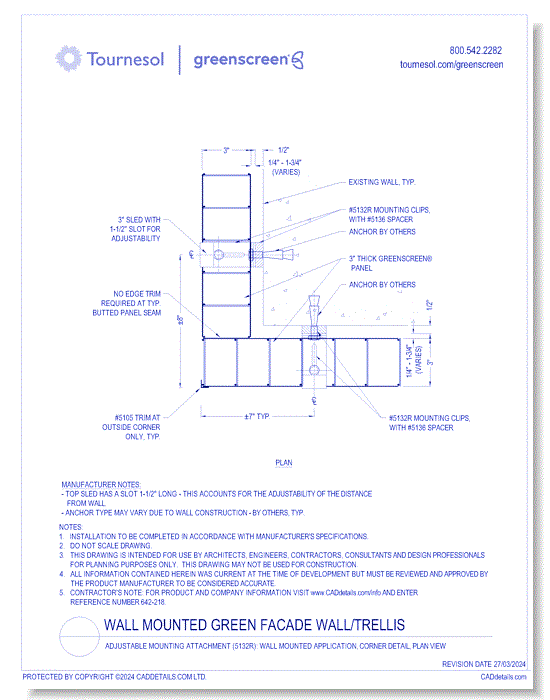 Adjustable Mounting Attachment (5132R): Wall Mounted Application, Corner Detail, Plan View