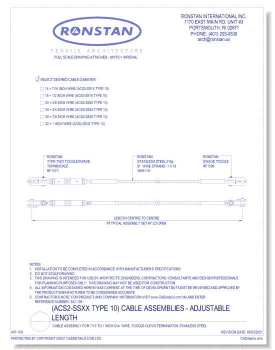 (ACS2-SS Type 10) Cable Assembly For 7/16 Inch To 1 Inch Dia. Wire, Toggle-Clevis Termination, Stainless Steel