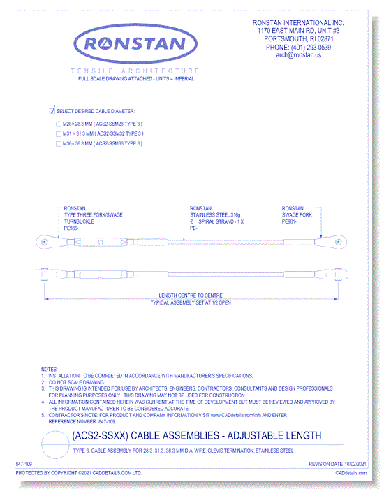 (ACS2-SS Type 3) Cable Assembly For 28.3mm, 31.3mm, & 36.3mm Dia. Wire, Clevis Termination, Stainless Steel