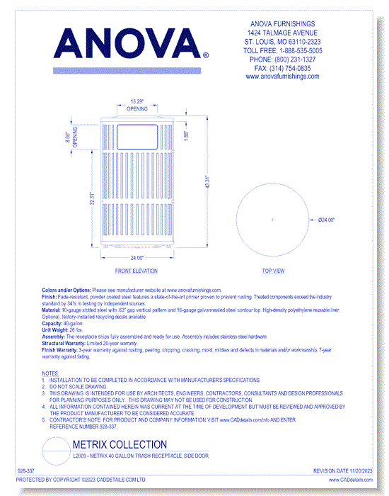 L2009 - Metrix 40 Gallon Trash Receptacle, Side Door