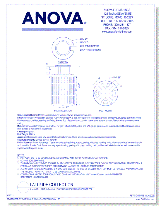 L1439BT - Latitude 40 Gallon Trash Receptacle, Bonnet Top