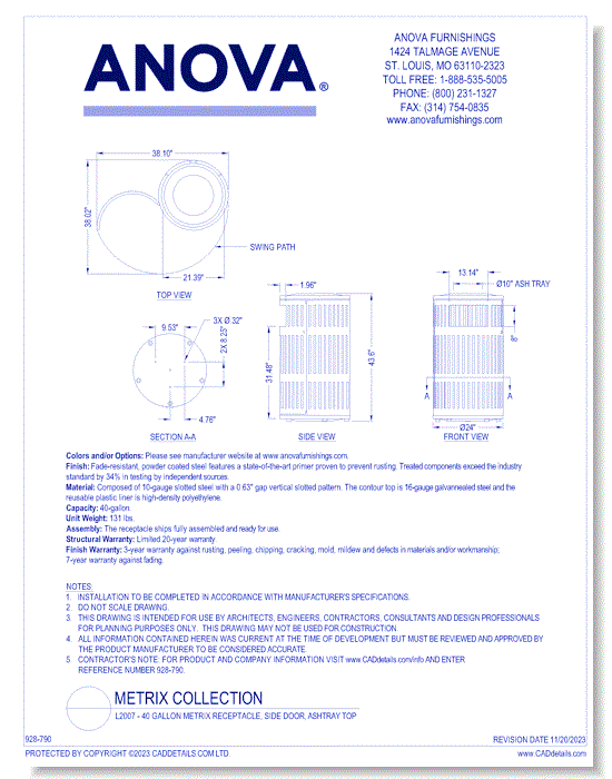 L2007 - 40 Gallon Metrix Receptacle, Side Door, Ashtray Top